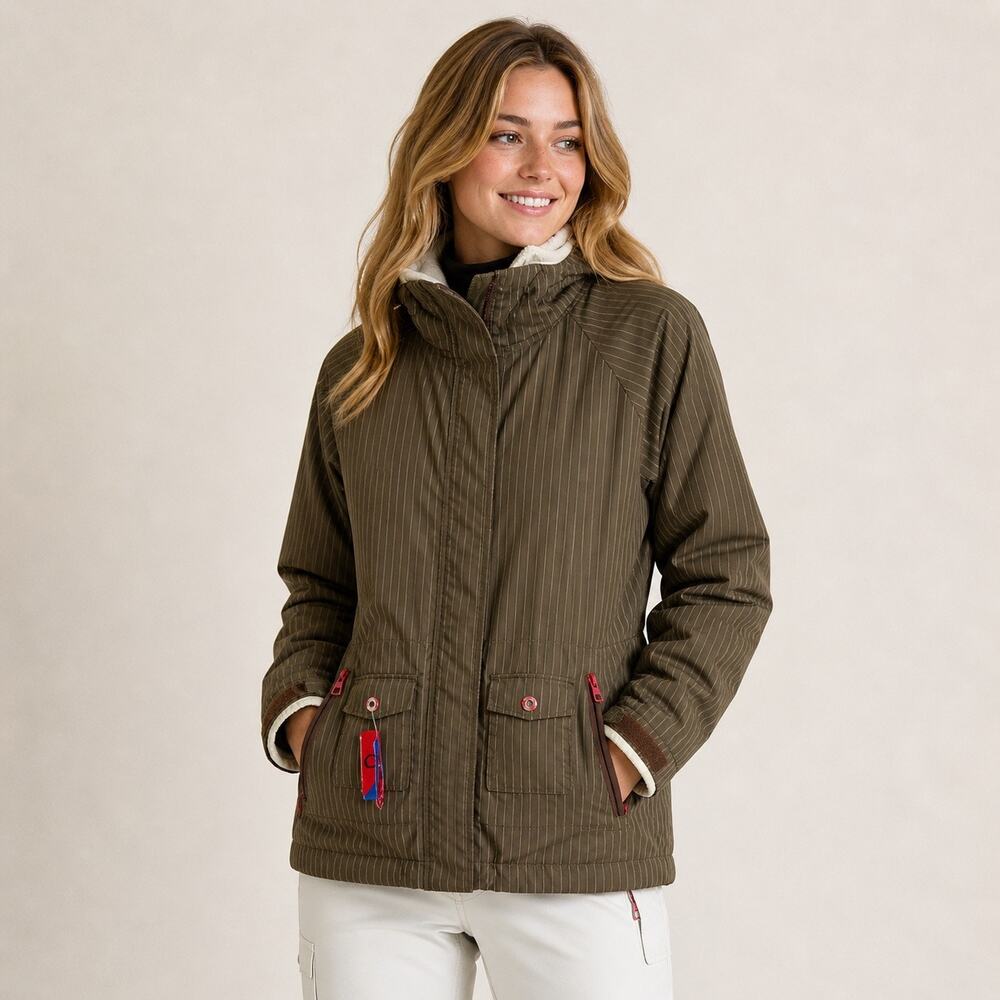Foursquare Women XL Snowboard Jacket Brown Stripe 8K Convertible Hood Outdoor